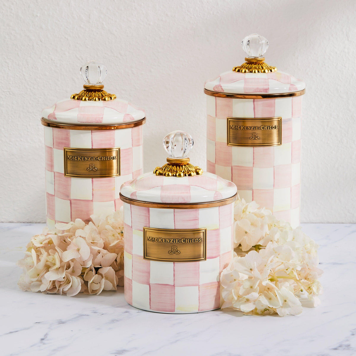 Rosy Check Enamel Canisters by MacKenzie-Childs